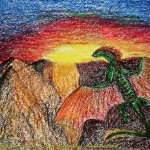 Random image: дракон,масляная пастель,закат,горы
