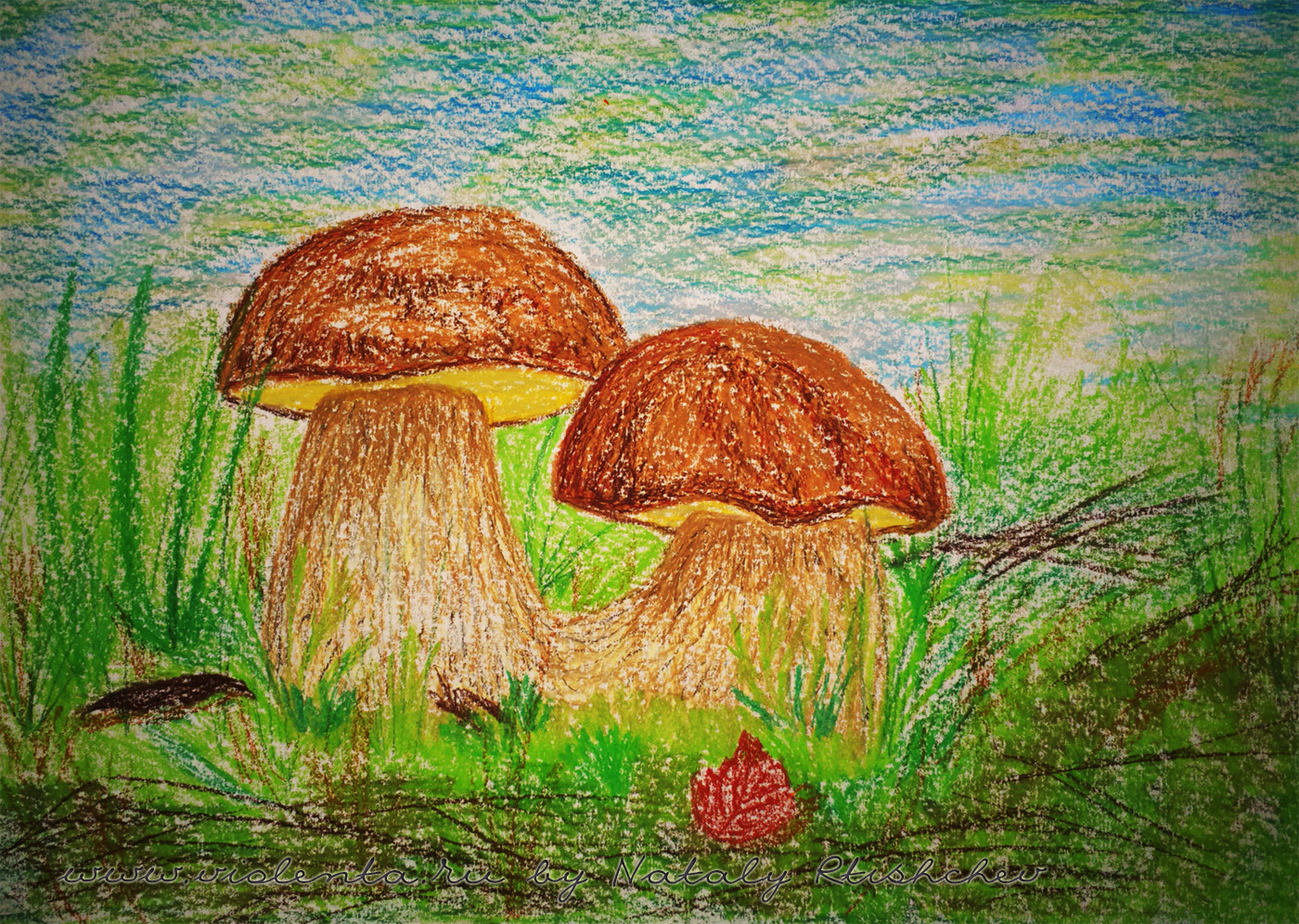 белые грибы,масляная пастель,рисунок