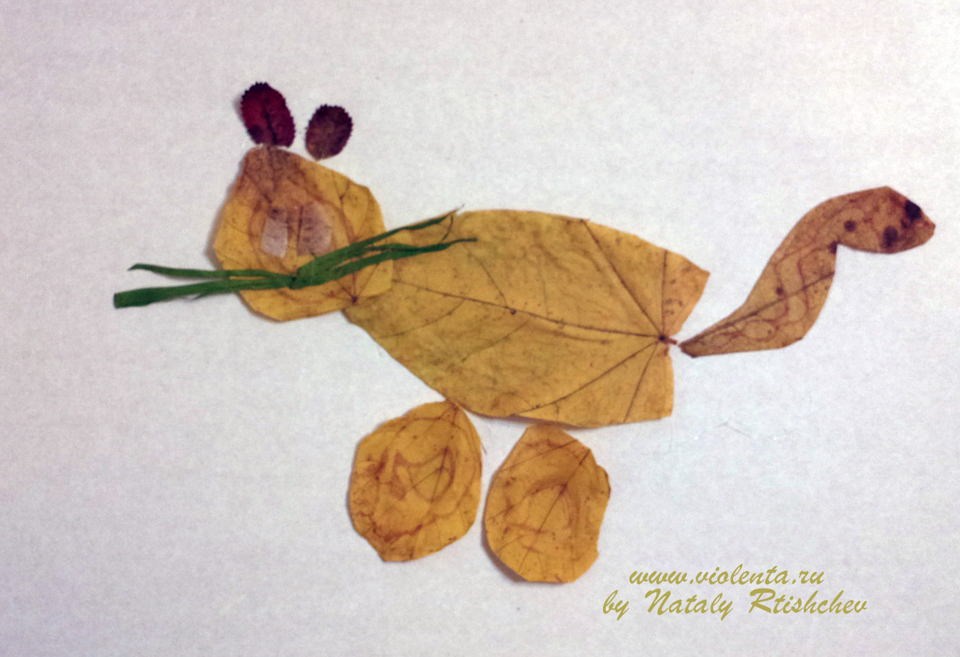 поделка из осенних листьев, кот, фитоживопись