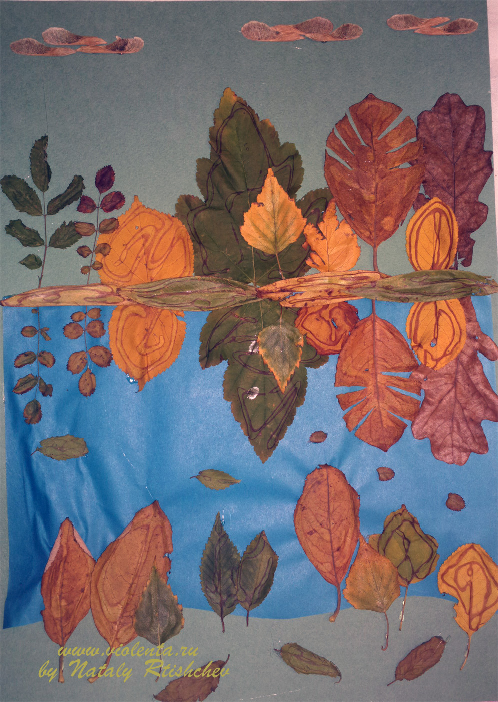 картина отражение из осенних листьев, аппликация, фитоживопись