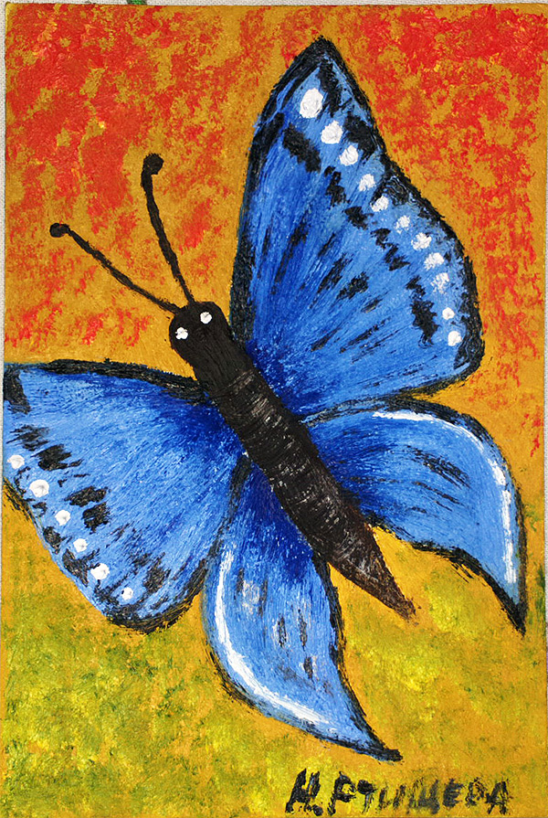 Радужная синяя бабочка,масло,картон