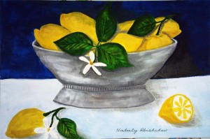 Лимоны в вазе, натюрморт, акрил, холст на картоне