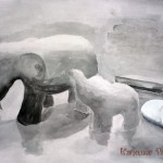 Random image: Композиция из двух слонов разного размера, шкатулки и ракушки. Против света. Чёрная акварель. 