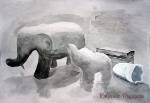Композиция из двух слонов разного размера, шкатулки и ракушки. Против света. Чёрная акварель. 