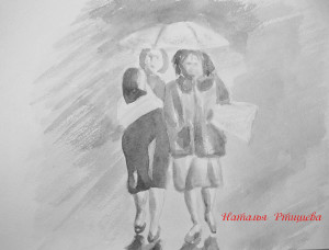 фигуры людей под дождем и зонтами