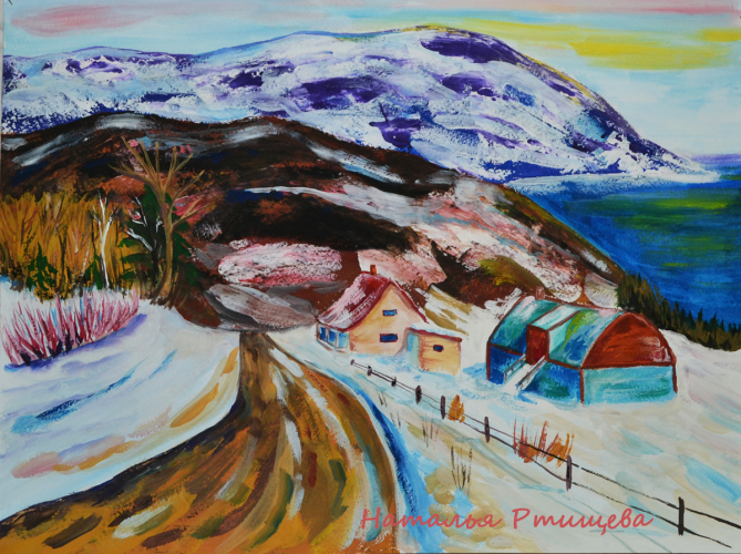 Картина гуашью, месяц март, горы и океан, художник Наталья Ртищева