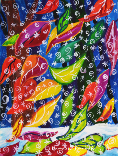 Декоративный пейзаж гуашью, первый снег в ноябре "В лапах ноября", зима, художник Наталья Ртищева