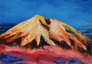 Пейзаж "Рассвет на горе Котопа́хи — вторая по высоте вершина Эквадора", гуашь