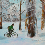 Random image: Пейзаж с зеленой курткой и велосипедом, гуашь